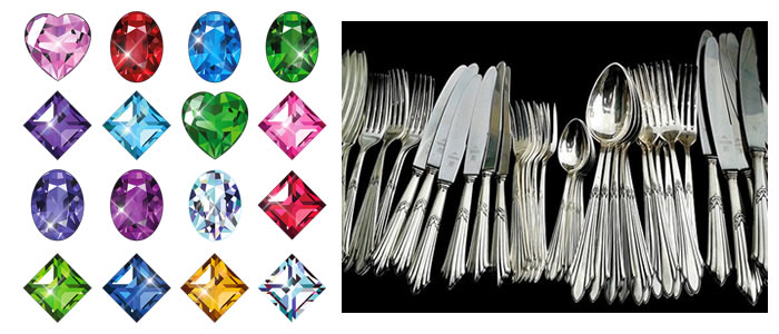 Silver cuttlery and gemstones